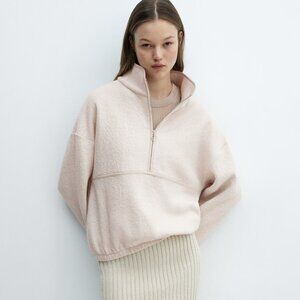 Mango Wool Sweatshirt Zip-neck Pullover Sweater Funnel Pastel Beige Sand Cream